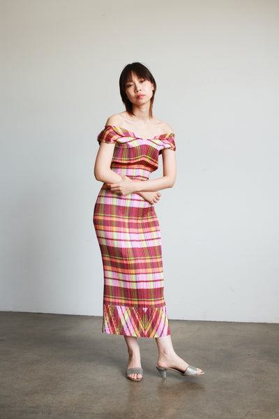 1990s Issey Miyake Berry Plaid Plissé Skirt Set