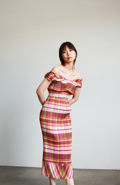 1990s Issey Miyake Berry Plaid Plissé Skirt Set