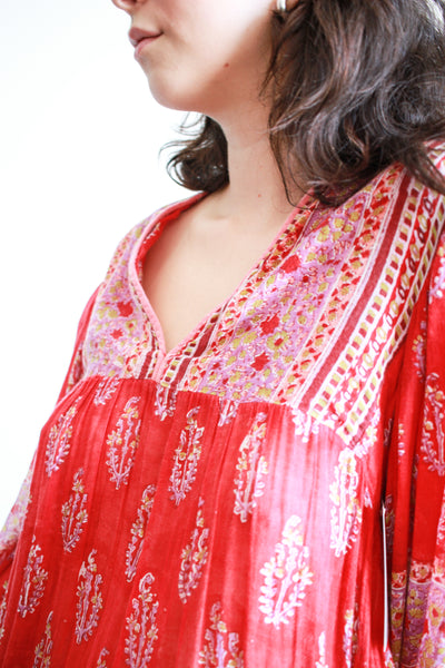 1970s Adini Indian Block Print Red Tiered Dress