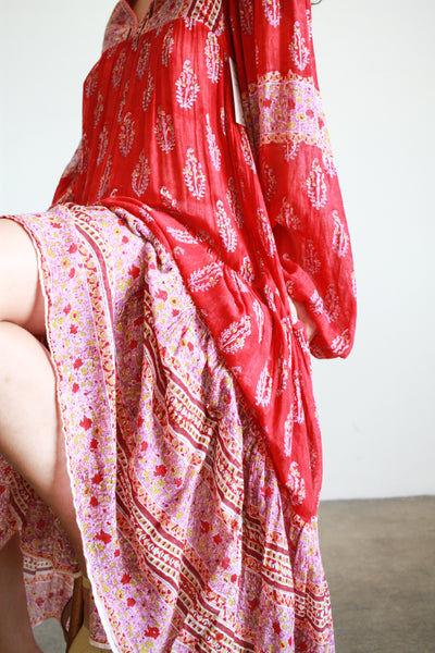 1970s Adini Indian Block Print Red Tiered Dress