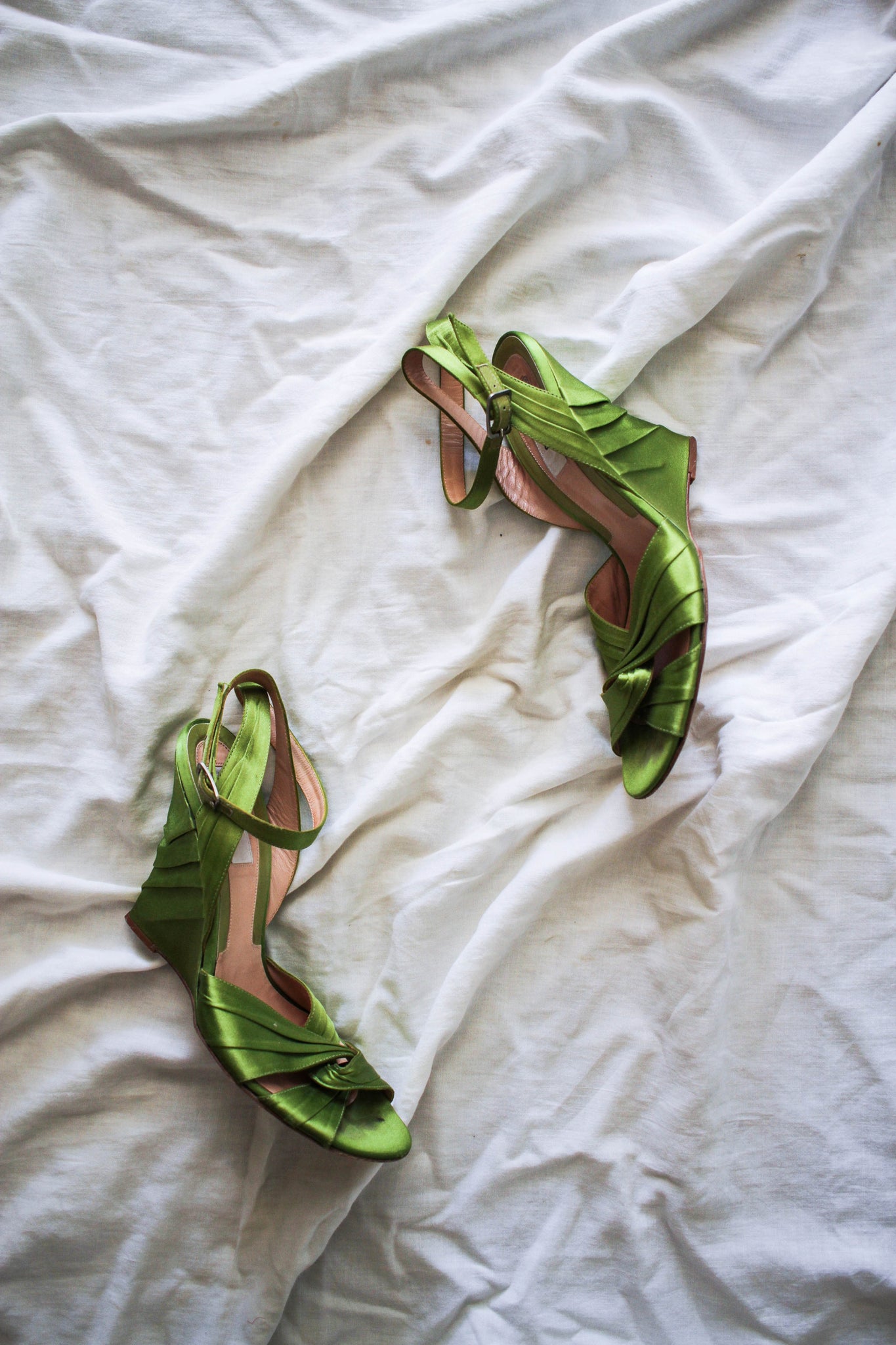 1990s Moschino Lime Satin Strap Wedges | 7