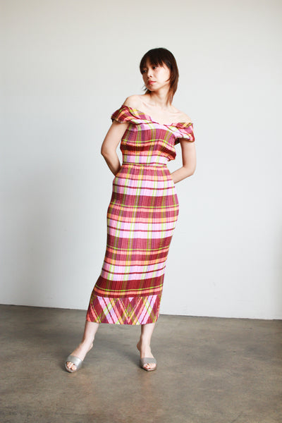 1990s Issey Miyake Berry Plaid Plissé Skirt Set