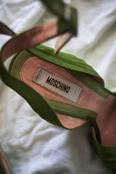 1990s Moschino Lime Satin Strap Wedges | 7
