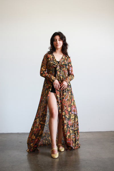 1970s Brown Botanical Print Gauzy Wrap Duster Blouse