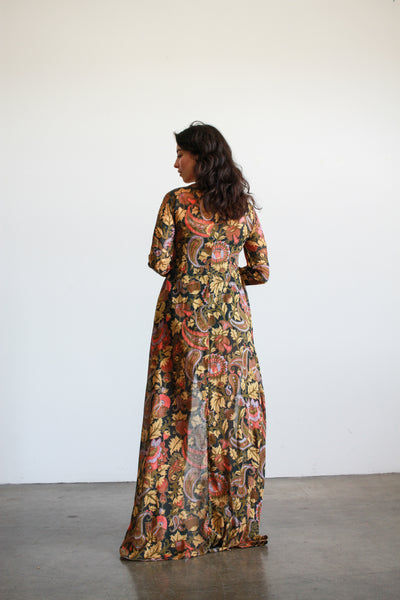 1970s Brown Botanical Print Gauzy Wrap Duster Blouse