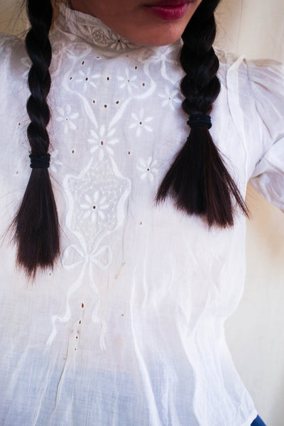 1910s Cotton Voile Embroidered Long Sleeve Blouse
