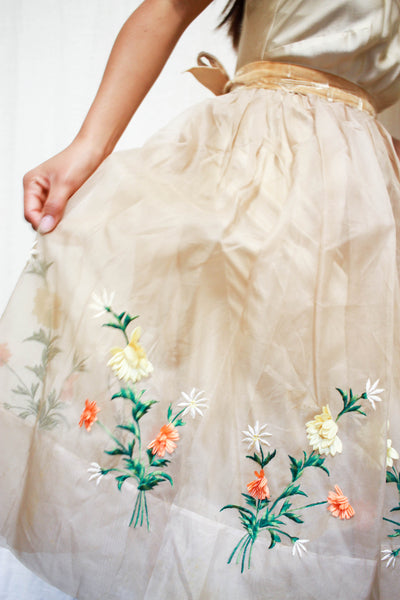1950s Sheer Floral Embroidered Apron Skirt