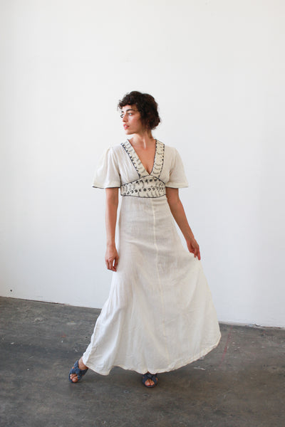 1970s Deadstock Indian Gauzy Embroidered Flutter Dress