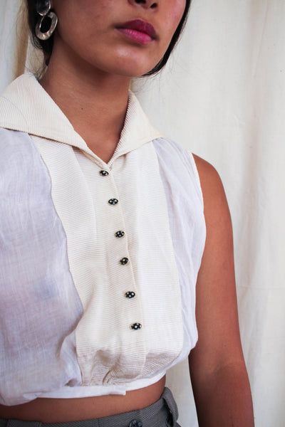 1900s Ribbed Ecru Cotton Sleeveless Blouse
