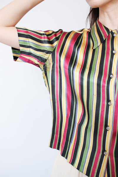 1940s Satin Multicolored Stripe Blouse