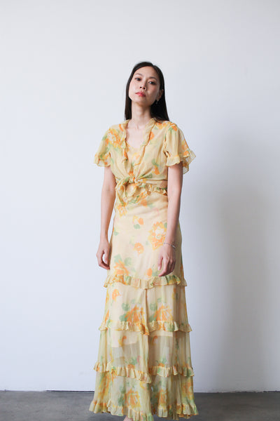 1930s Chiffon Silk Yellow Floral Dress w/ Bolero