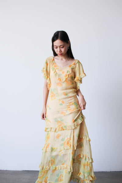 1930s Chiffon Silk Yellow Floral Dress w/ Bolero