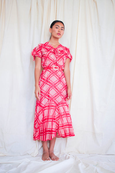 1930s Cherry Red Windowpane Print Dress