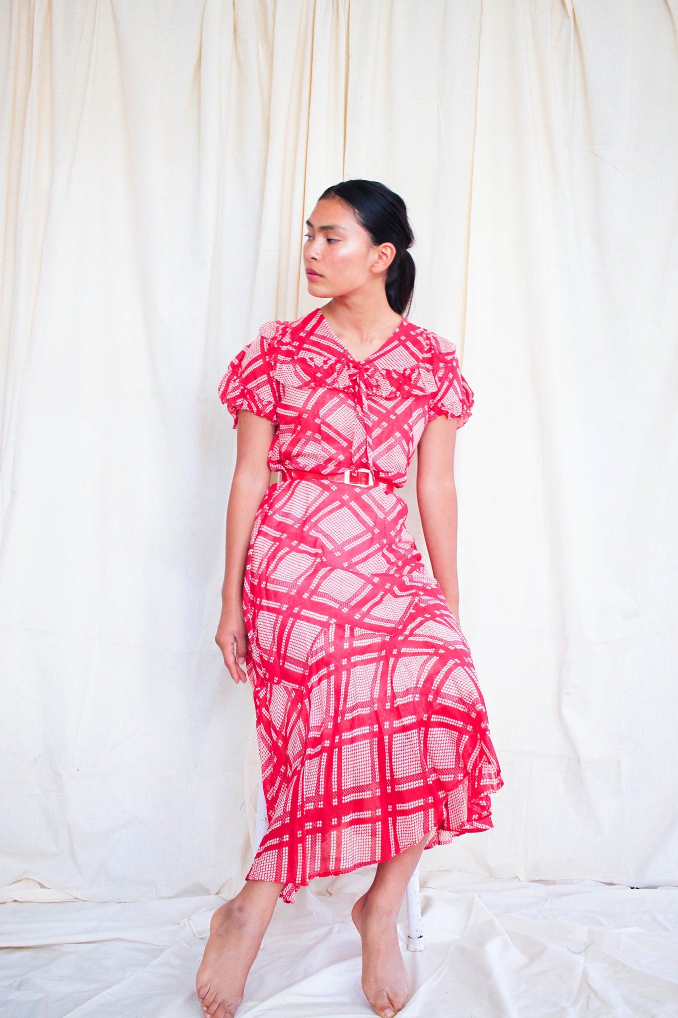 1930s Cherry Red Windowpane Print Dress