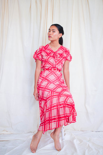 1930s Cherry Red Windowpane Print Dress