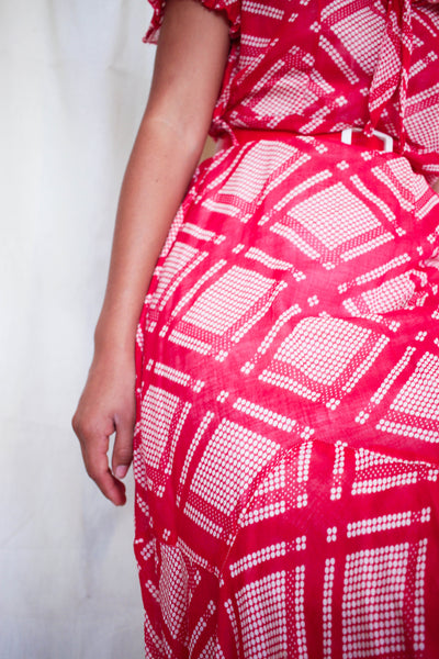 1930s Cherry Red Windowpane Print Dress
