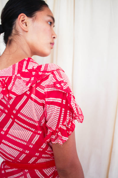 1930s Cherry Red Windowpane Print Dress
