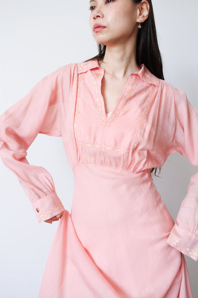 1930s Pink Cotton Embroidered Long Sleeve Dress