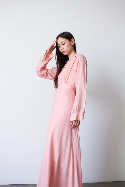 1930s Pink Cotton Embroidered Long Sleeve Dress