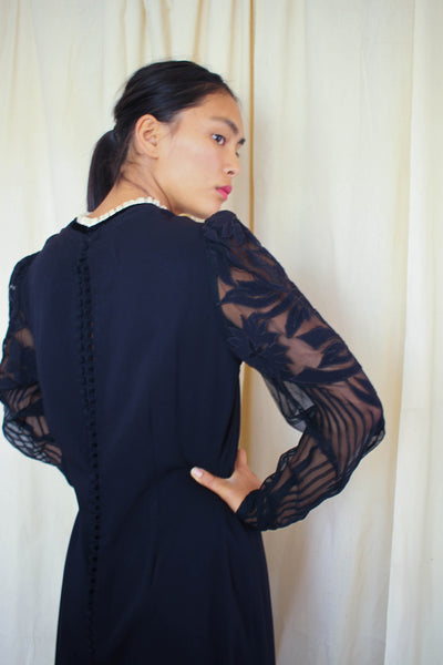 1930s Black Crepe Silk Lace Yolk Dress