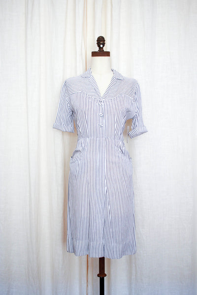 1950s Navy Striped Linen Dress