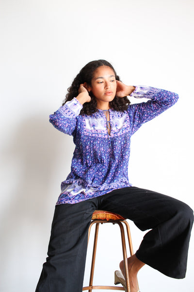 1970s Indian Indigo Block Print Gauze Blouse