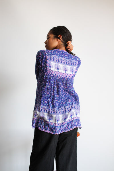 1970s Indian Indigo Block Print Gauze Blouse
