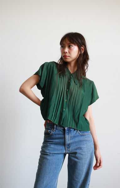 1940s Emerald Rayon Pintuck Blouse