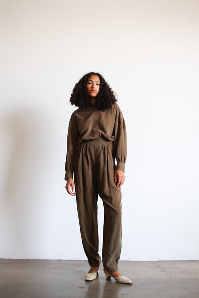 1990s Brown Silk Button up Pant Set