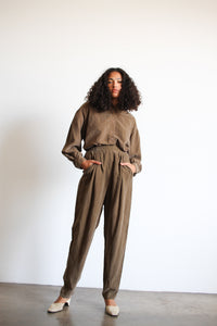 1990s Brown Silk Button up Pant Set