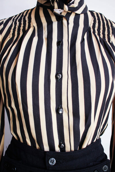 1940s Striped Rayon Pussy Bow Blouse