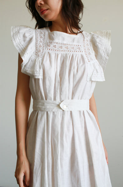 1970s White Cotton Lace Ruffle Dress