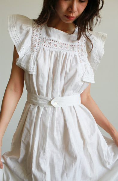 1970s White Cotton Lace Ruffle Dress