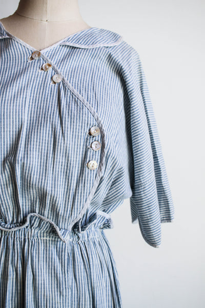 1910s Antique Cotton Striped Ticking Dress