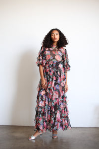 1980s Black Sheer Floral Ruffled Skirt Set