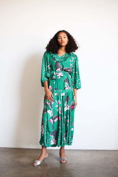 1980s Emerald Diane Fres Print Ruffled Dress