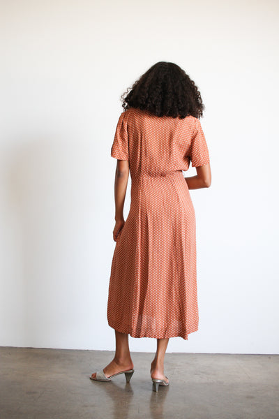 1940s Terracotta Rayon Polka Dot Dress
