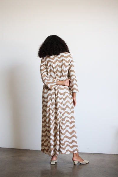 1970s Imagnin Wavy Beige Striped Caftan Dress