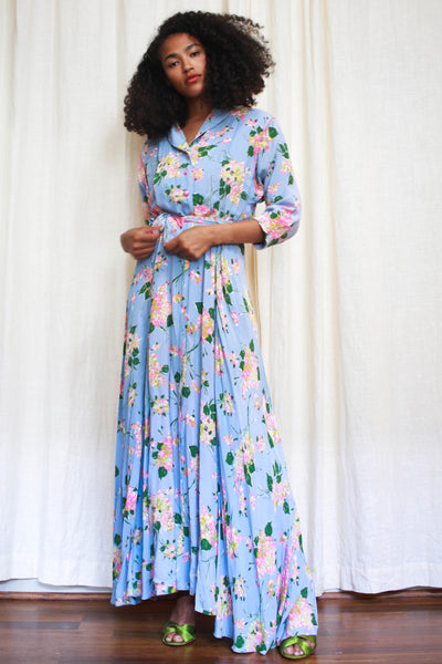 1940s Rare Cold Rayon Periwrinkle Hydrangea Print Robe Dress