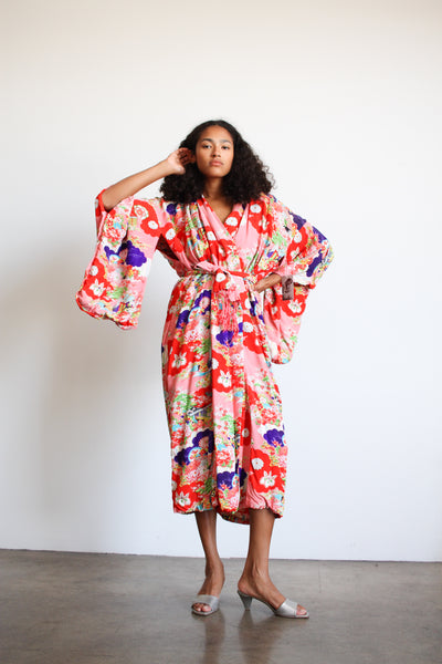1980s Silk Crepe Red Floral Print Reversible Kimono
