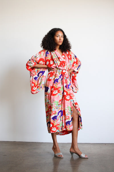 1980s Silk Crepe Red Floral Print Reversible Kimono