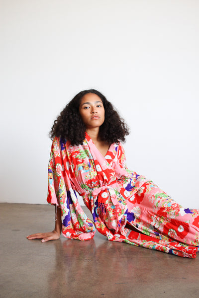 1980s Silk Crepe Red Floral Print Reversible Kimono