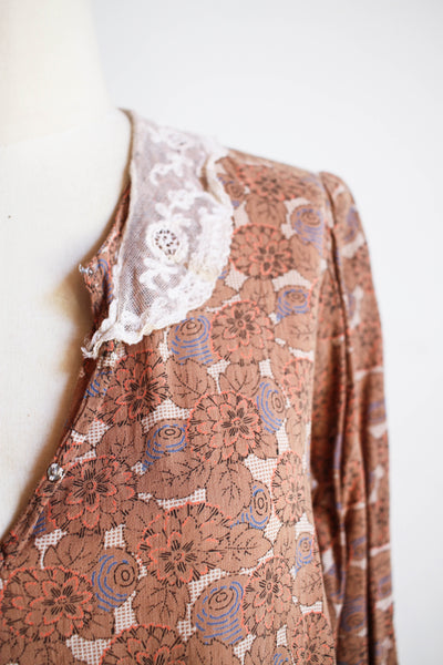 1920s Antique Rare Floral Print Collared Dress