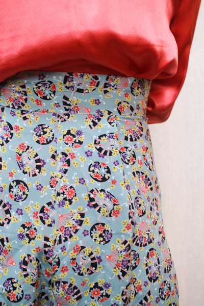 1940s Rare Cold Rayon Fan Print Lounge Pants