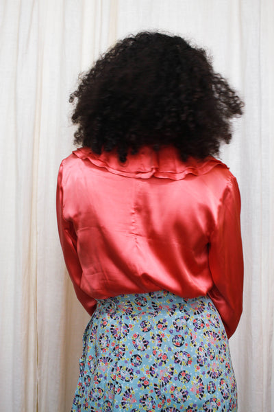 1990s Foxglove Pink Silk Ruffled Blouse