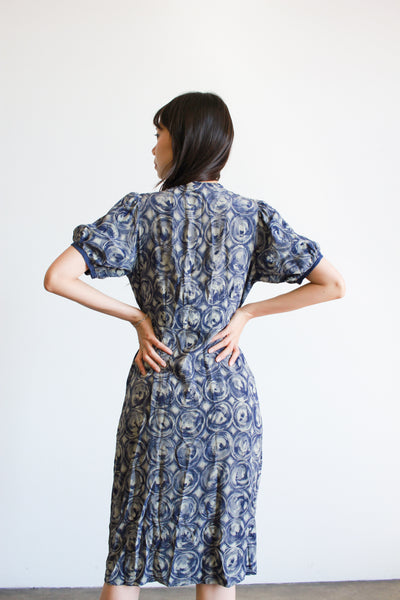 1940s Swirl Print Cap Sleeve Silk Dress