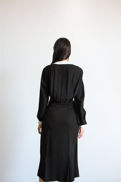 1940s Black Crepe Dress w/ Beaded Collar