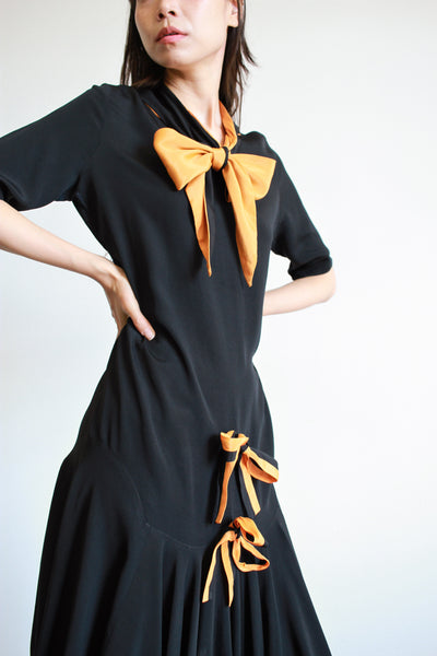 1920s Black Rayon Drop Waist Dress