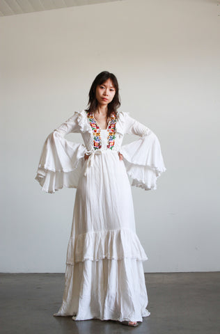 1970s Indian White Gauzy Embroidered Bell Sleeve Dress
