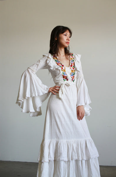 1970s Indian White Gauzy Embroidered Bell Sleeve Dress